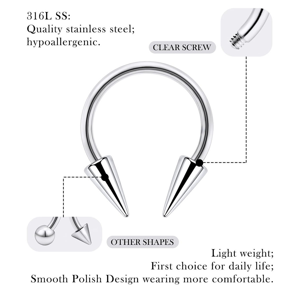 1Pcs Spike Septum Rings 16G Surgical Steel Piercing Jewelry Vertical Snake Bite Jewelry Lip Rings for Women Men 8mm/10mm
