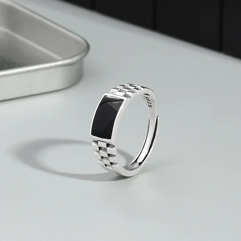 último anillo rectangular negro de cristal, accesorios para dedos de boda para hombre, anillo cuadrado clásico, joyería de plata 925 para hombre ajustable