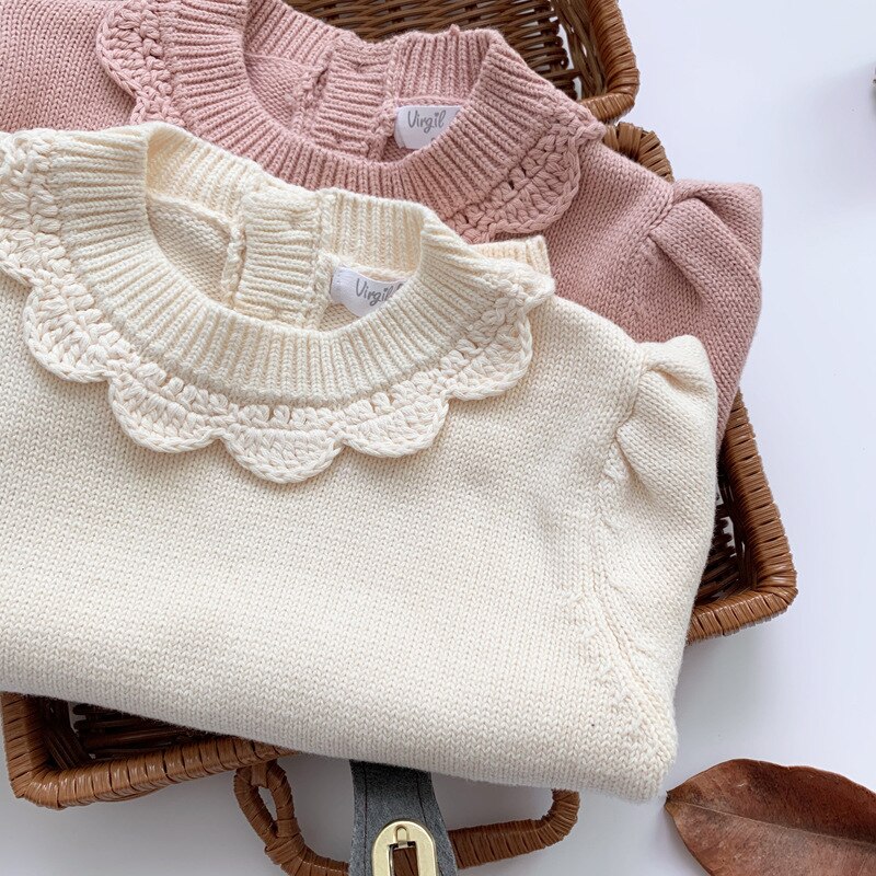 Herfst Winter Kinderen Trui Baby Meisjes Solid Jumper Kinderen Knit Top Mode Meisjes O-hals Handgemaakte Kraag Truien