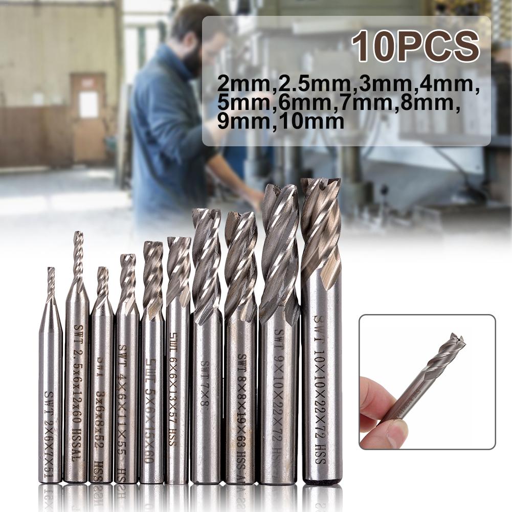 10 Pcs/Set 2-10 Mm HSS Milling Cutter Set 4 Flute Super Tough Straight Shank Milling Cutter Router Bit CNC Milling Drill Bit