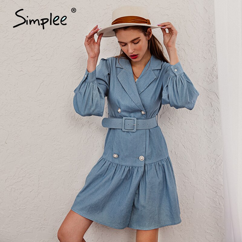 Simplee Casual traje collar mujeres denim vestido de mangas de burbujas con volantes botón femenino rodilla vestido Estilo de Calle Principal vestido a la rodilla para mujer: S