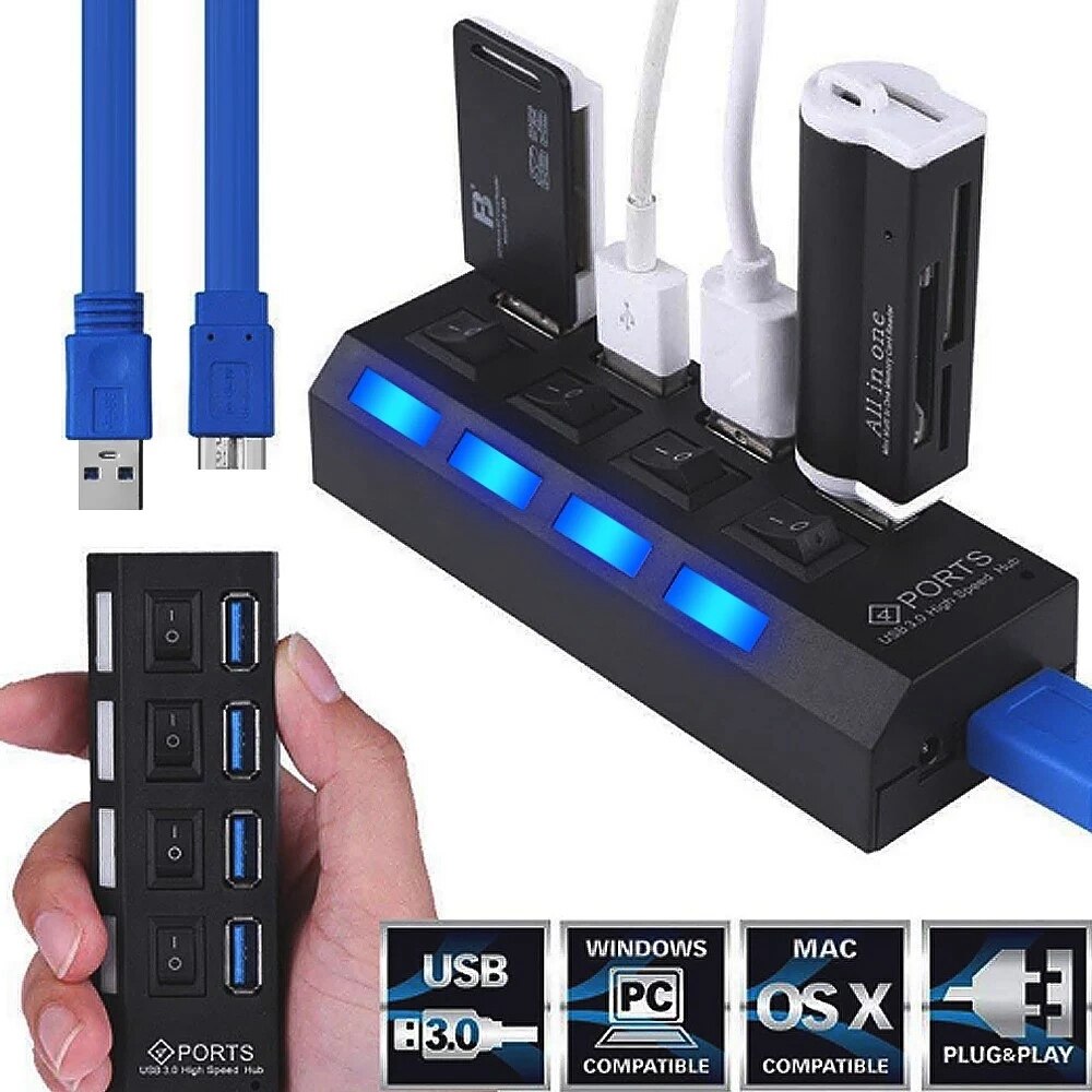 4-Port USB 3.0 Hub USB Splitter 4 Ports Expander with Switch for Pc