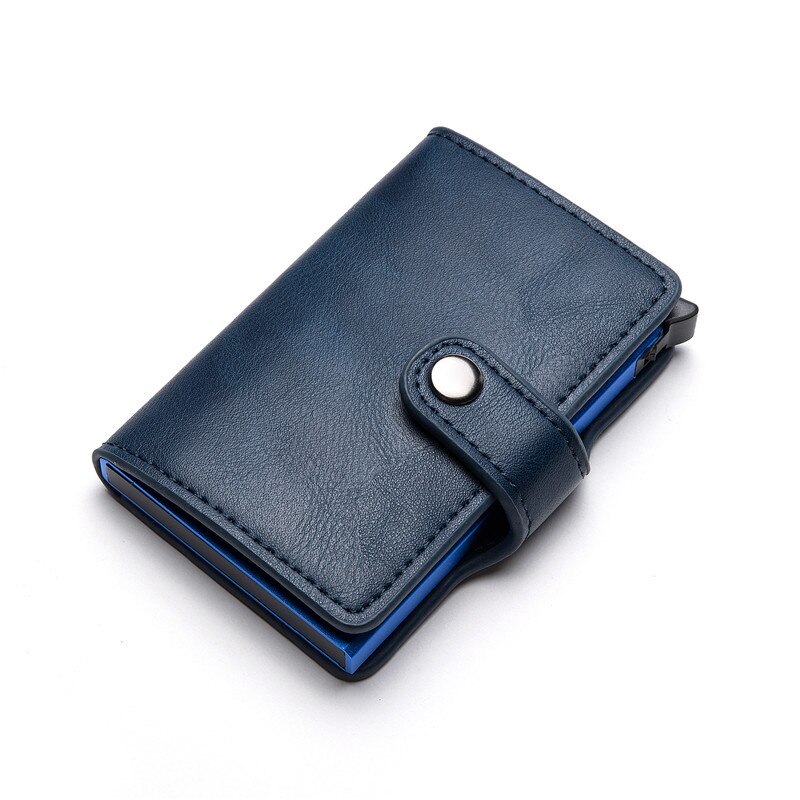 BISI GORO Smart Wallet Card Case Metal RFID Anti Theft Brush Aluminum Box Card Holder Men and Women PU Leather Casual Purse: Blue YM015