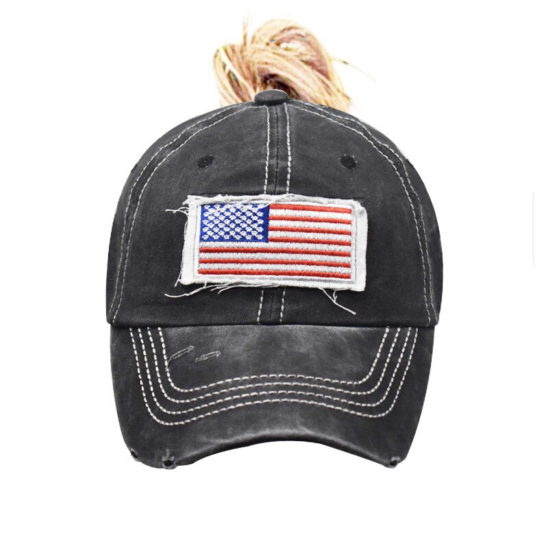 Ren bomuld vasket hestehale hul flag broderet baseball kasket hestehale hat buet skygge hestehale casquette: Sort