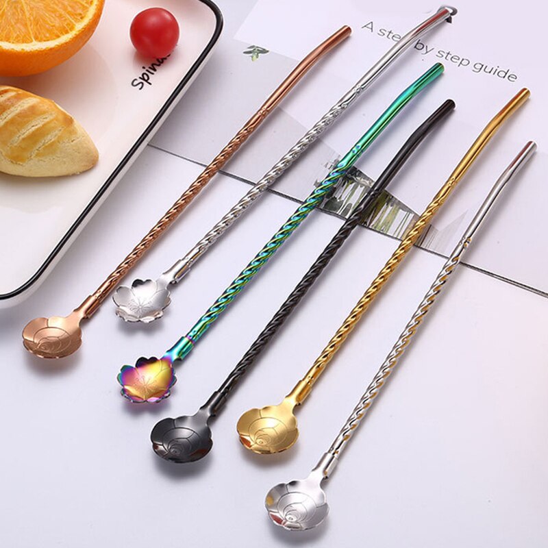 Cuillère en paille Rose torsadée, 1 pièce, fleurs de cerisier, longue paille dorée Portable réutilisable en acier inoxydable, cuillère à remuer pour Cocktail et café