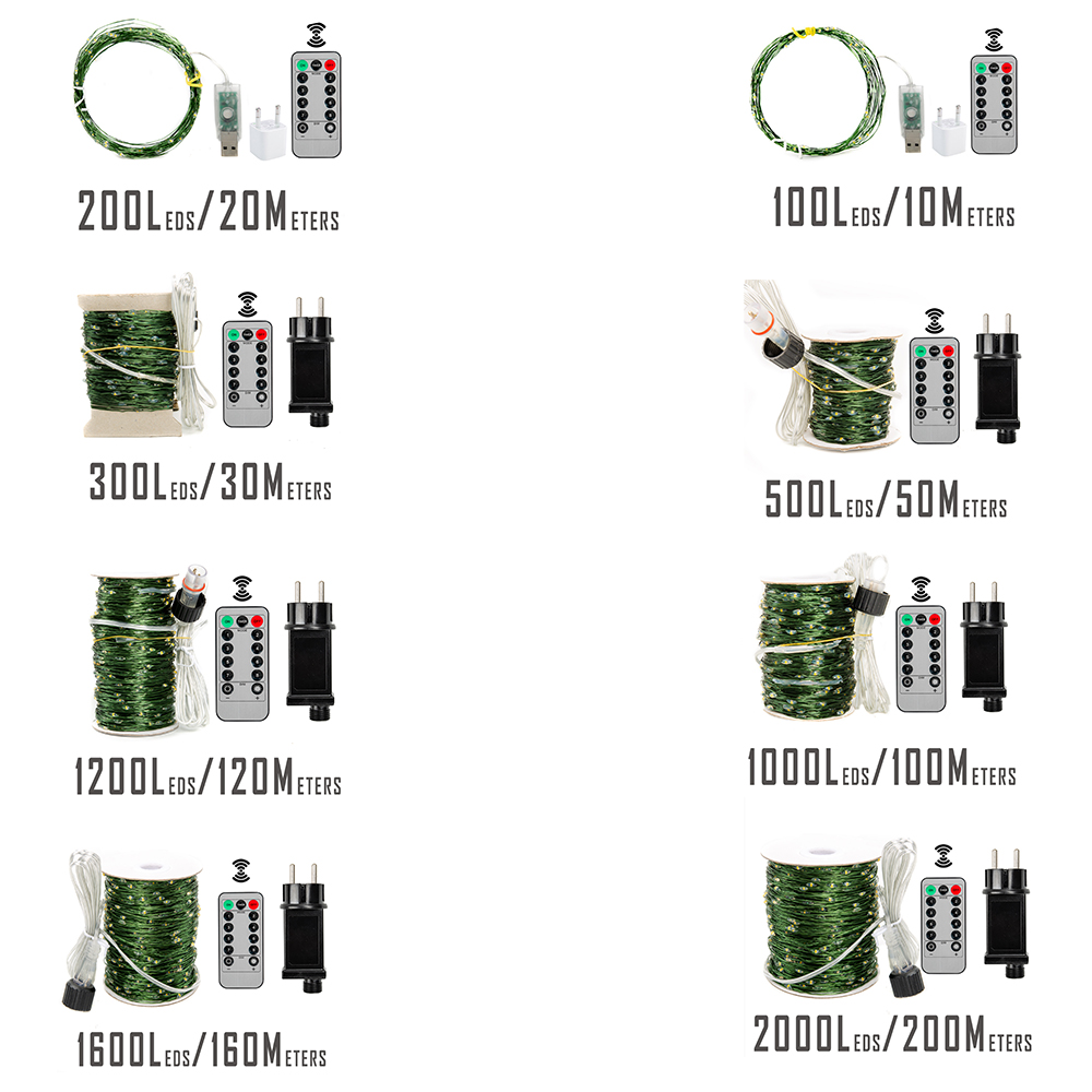 Guirnalda de Luces LED de 10-200m, Impermeable, con Control Remoto, para Decoración de Árboles de Navidad, Exteriores, Jardín, Bodas y Fiestas