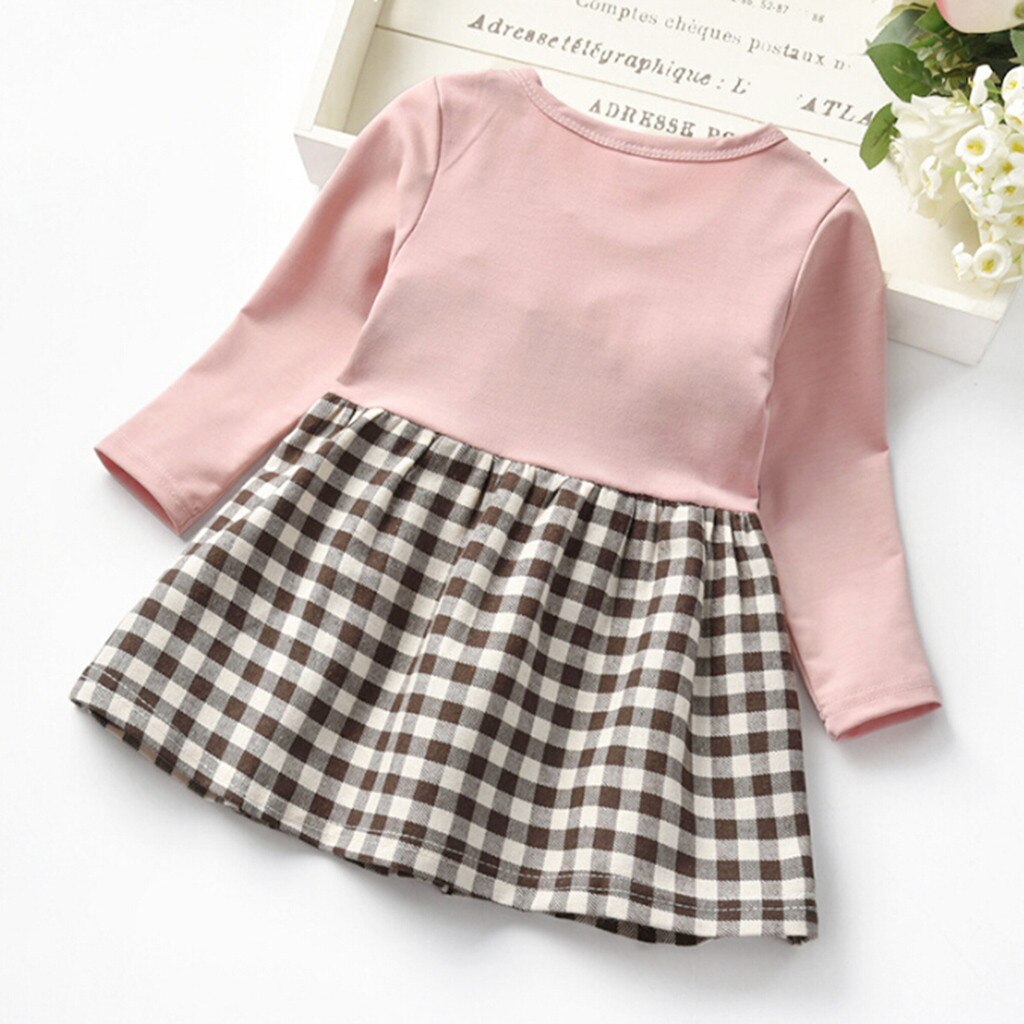 Baby Kids Girls Dress Long Sleeve Ruched Plaid Patchwork Strap Faux Twinset Princess Dress Clothes Toddler Kids Dresses For Girl