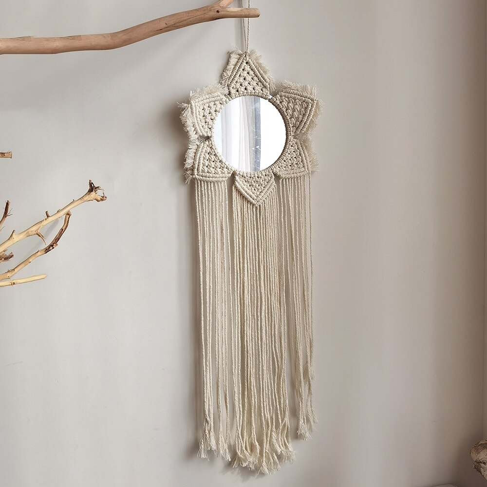 Miroir mural rond en macramé, tissé à la main, style Boho, décoration de maison, chambre à coucher, décoration de salon: s25-Beige tassels