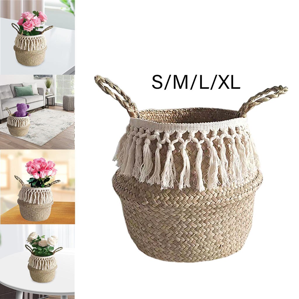 Panier à linge en osier avec pompon blanc, décoration de salon de jardin