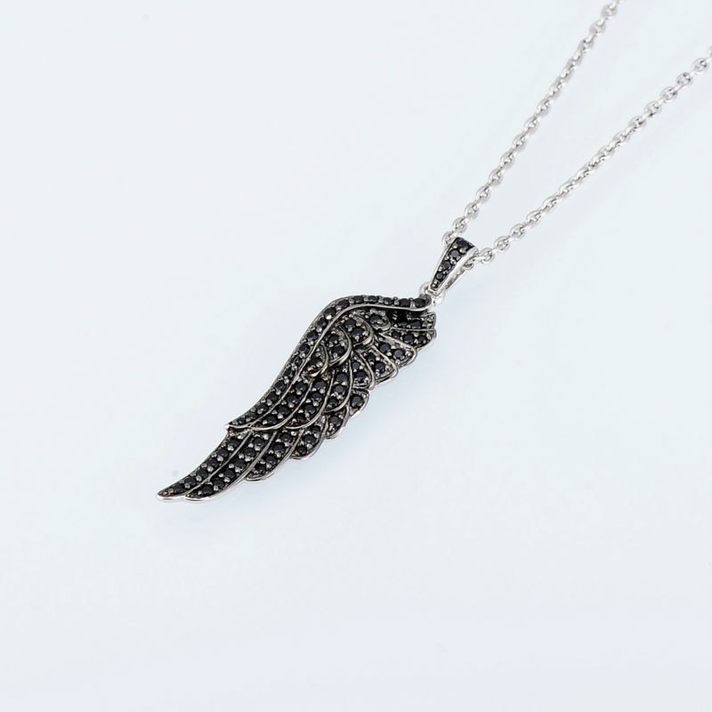 SANTUZZA 100% 925 Sterling Silver Pendant For Women Shiny Black Spinel Angel Wings Trendy Party Jewelry