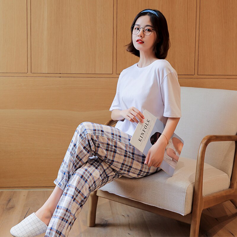 Ropa de dormir a cuadros para mujer, ropa de dormir informal, Simple, combina con todo, estilo japonés, joven, suave, diario, cintura elástica, básico, Vintage,