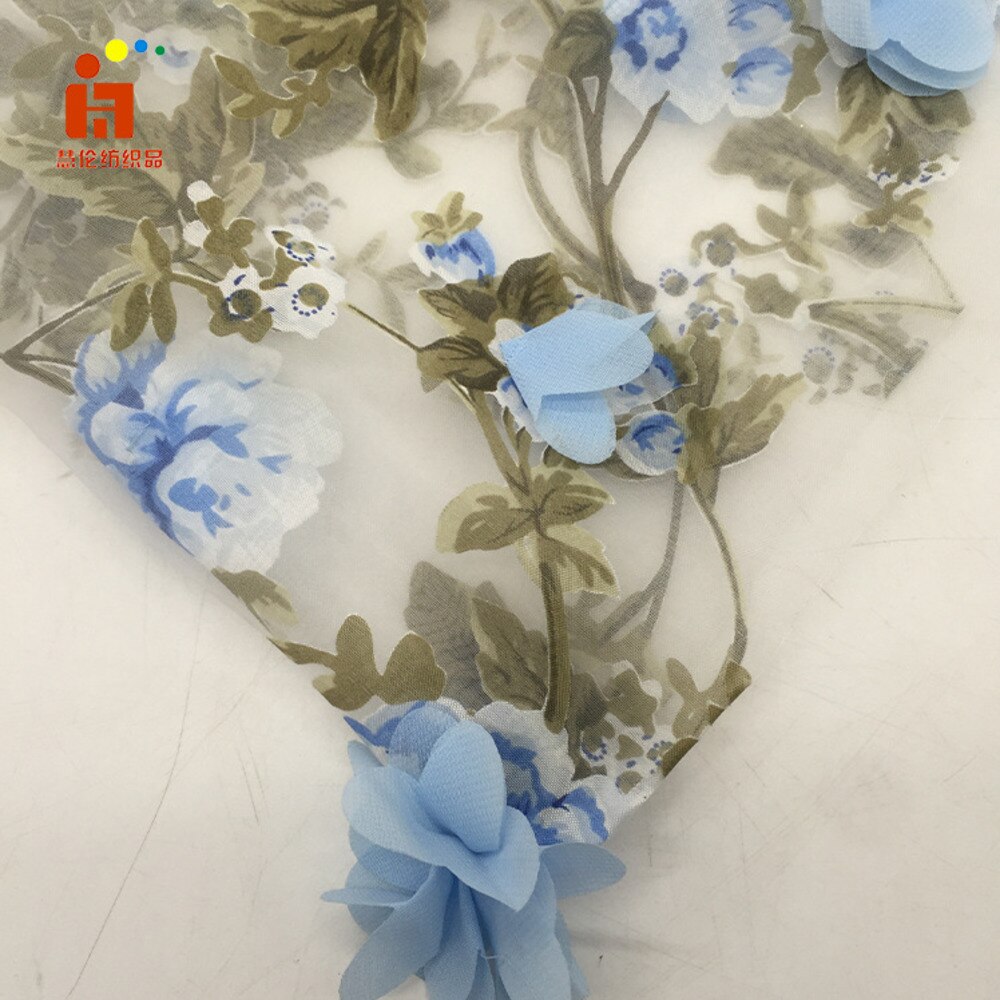 Bredde 140cm broderede blomster blonder stof dubai syning diy tyl applikation bånd kjole bryllupsfest kjole guipure dekoration: 1 gård / Blå