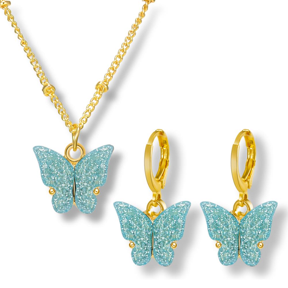 Ensemble de bijoux pendentif papillon en acrylique, scintillant, adorable ensemble de boucles d'oreilles et collier, de Style japonais et sud-coréen: blue