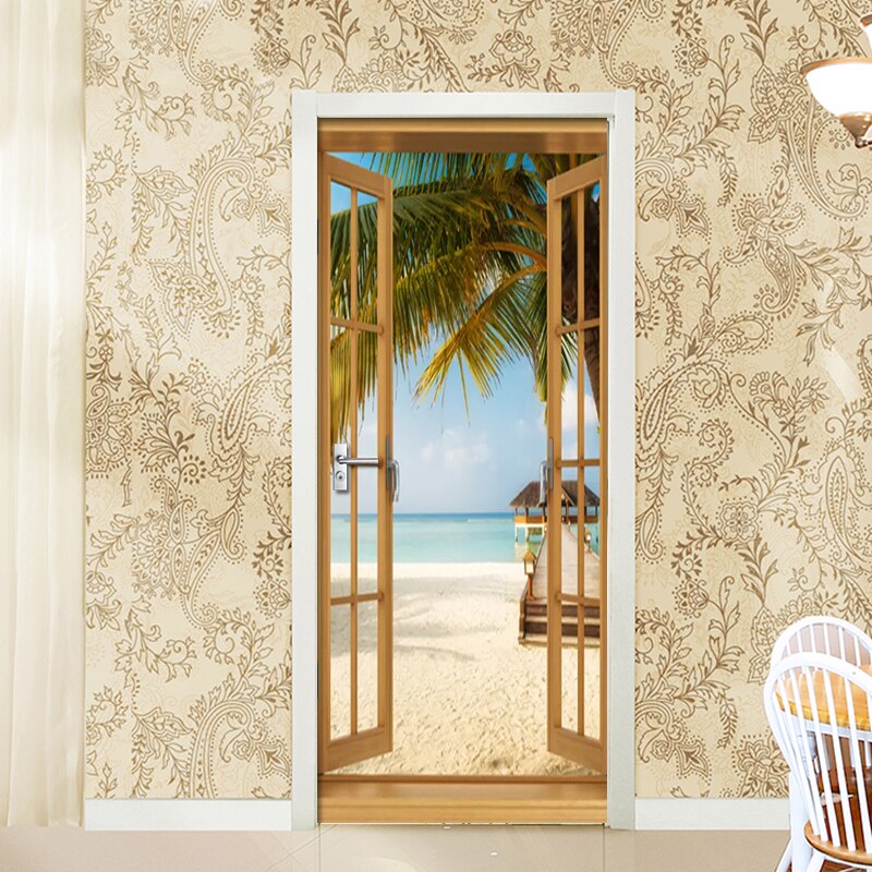 2 stks/set 3D Beach view van de seaStickers Deur Muur Sticker DIY Mural Voor Room Home Decor Poster PVC Waterdicht deur Sticker