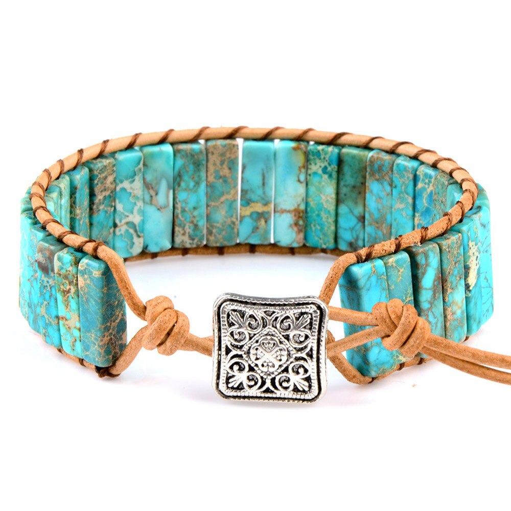 Chanfar – Bracelet en cuir de gemme naturel multicolore, Style tibétain gitane perlé réglable pour hommes et femmes: cyan