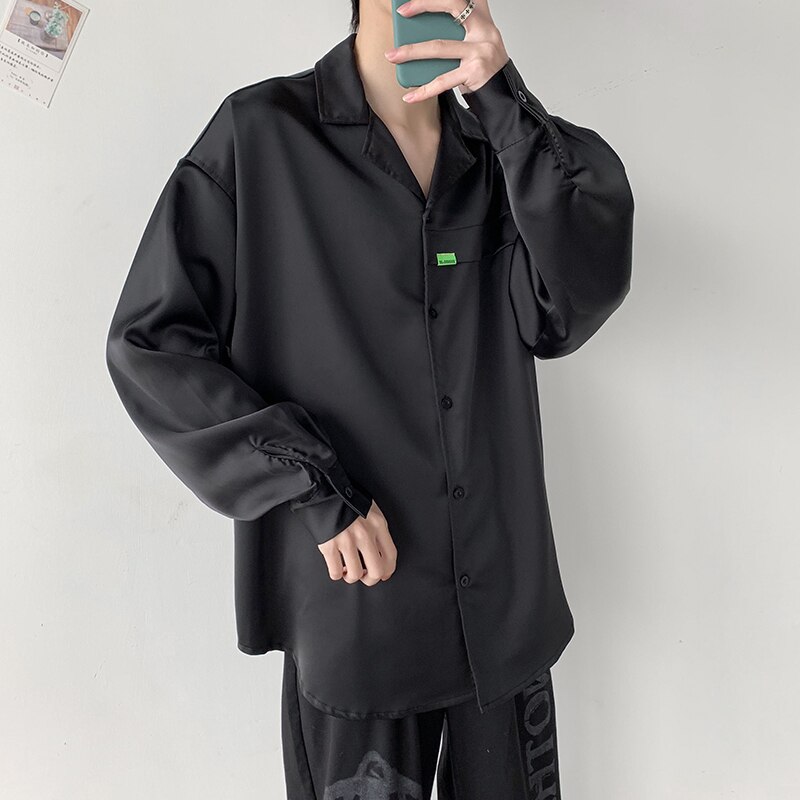 Klänningskjorta herr enfärgade affärs-vardagsskjortor herr streetwear social herrskjorta vild lös långärmad skjorta: Svart / Xl