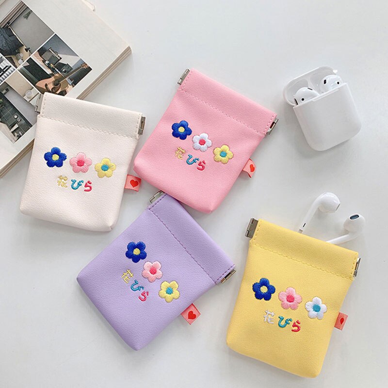 Sac de rangement pour femmes, mignon sac de rangement pour fleurs broderie, porte-monnaie Portable, câble de données, écouteurs Bluetooth étui de protection