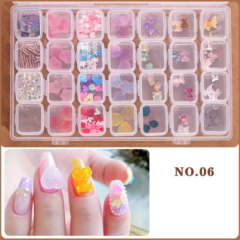 Ensemble d'accessoires pour ongles à 28 grilles, poire/métal/coque/résine/cristal strass pour manucure/bricolage, Kit de décorations pour Nail Art # DXM12: 28 grids jewelry-06