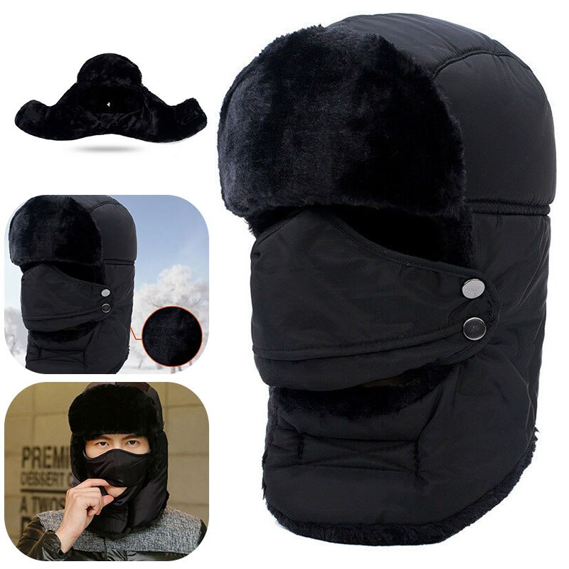 1PC Unisex Black Faux Fur Russian Ushanka Hat with Ear Flap Winter Warm Fluffy Hat for Men Women Ourdoor Headwear