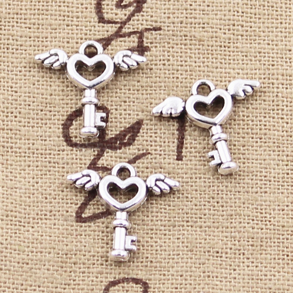 50Pcs Charms Fly Sleutel 14X14Mm Antiek Brons Zilver Kleur Hangers Maken Diy Handgemaakte Tibetaans Zilveren kleur Sieraden