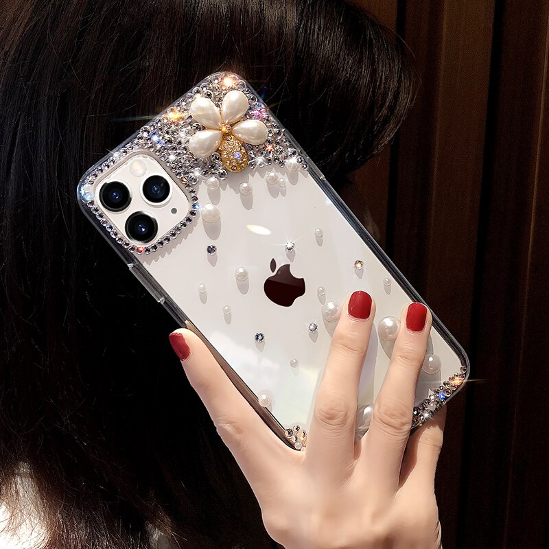 Funda de teléfono con diamantes y perlas para iPhone, funda de teléfono con diamantes de imitación para iPhone 12 mini 11 Pro X XS Max XR 6 6s 7 8 Plus SE