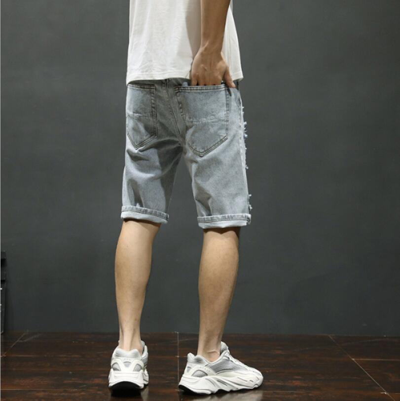 Men Light Blue Denim Shorts Holes Shorts Jeans Good Men Cotton Slim Fit Casual Jeans Shorts Large Size Straight Jeans 42