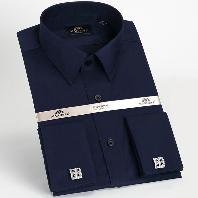 Camisa de vestir de para hombre, camisas de corte Regular a la , camisas de negocios de manga larga con gemelos, Color sólido, azul marino