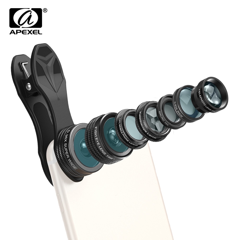 APEXEL APL-DG7 – Kit d&#39;objectif de téléphone portable 7 en 1, Macro grand Angle 0.36X 198, lentille Fisheye, 2X, télescope, pour téléphone Huawei Xiaomi