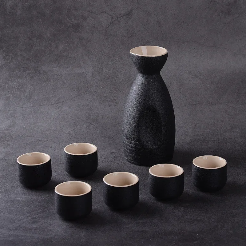 Bestselgende japansk keramisk sake-koppsett svart steintøy vinflaske vinflaskekopp 7 stk/sett: Blå