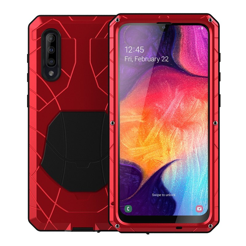 Für Samsung Galaxy A50 Telefon Fall Harte Aluminium Metall Gehärtetem Glas Screen Protector Abdeckung Heavy Duty Schutz Silicon Abdeckung: red