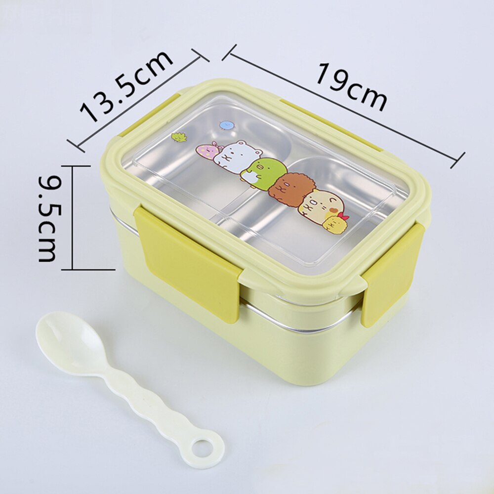 2 Layers Portable Lunch Box Stainless Steel Children School Picnic Office Microwave Bento Lunch Box Cartoon Food Container Box: Yellow