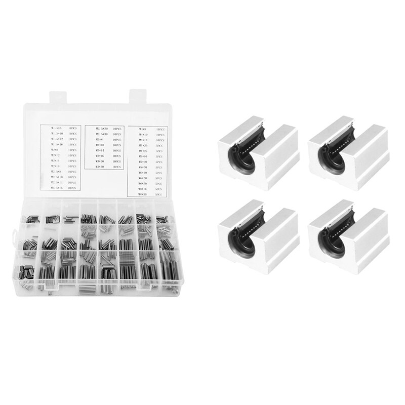 4Pcs SBR25UU 25Mm Linear Ball Bearing Block CNC Router Linear Guide 3D &amp;amp; 280Pcs Stainless Steel Slotted Spring Pin