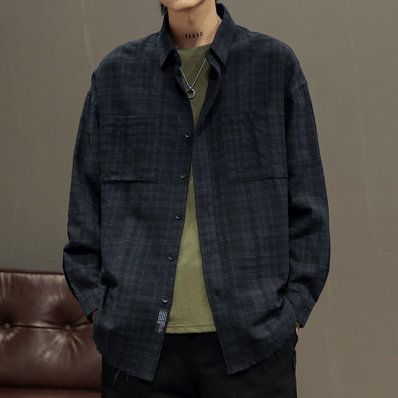 Harajuku sort afslappet skjorte japansk streetwear sort rutet langærmet shirt mænds tøj koreansk tøj mandlig