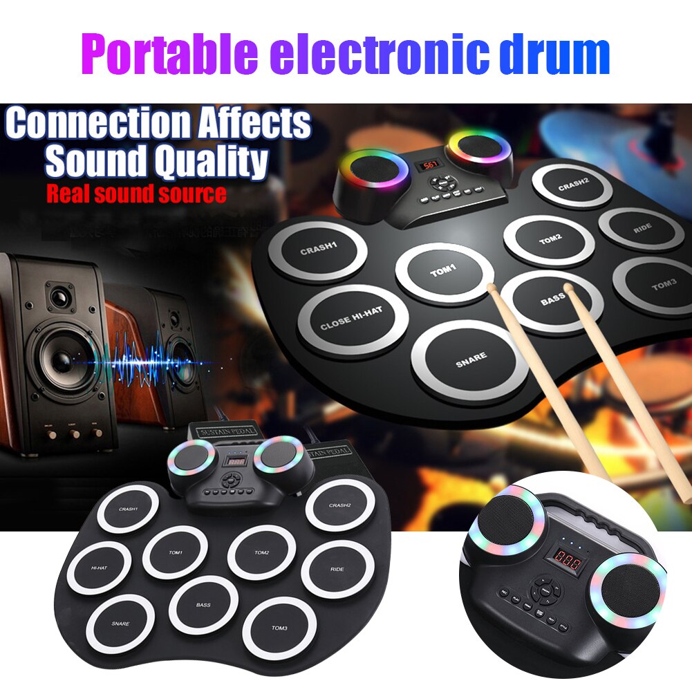 Aangedreven Met Drumsticks Voet Pedalen Roll-Up Drum Set Elektronische Drum Kit Roll-Up Electronic Drum 9 Drum pads Batterij