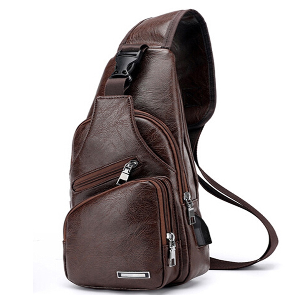 Men's Chest Bag USB Charging Crossbody Bags PU Leather Shoulder Bag Diagonal Package Back Pack Travel Outdoors Messenger Bag