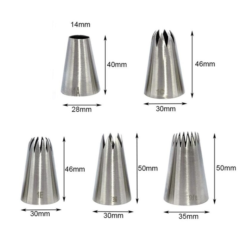 5Pcs Grote Metalen Cake Decoratie Tips Set Pastry Gereedschap Rvs Piping Icing Nozzle Cupcake Hoofd # 1A # 1E # 9FT #356 # 1C