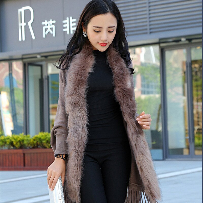Forår damer faux fur krave cape sjal cardigan grå kvinder kvaststrik cardigan sweater poncho vinter varm frakke