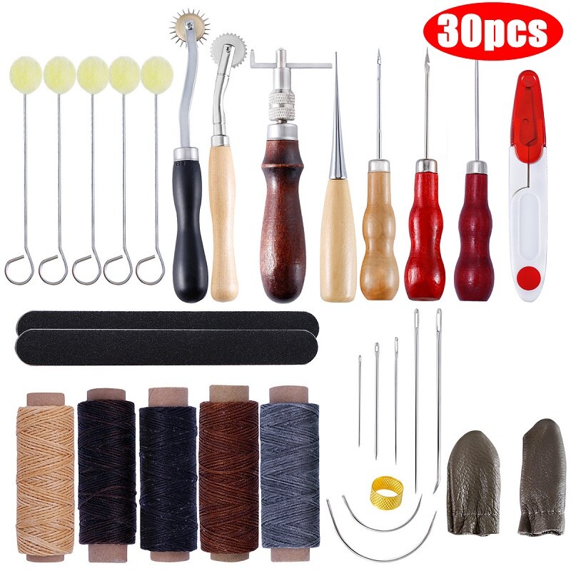 Leather Craft Tools Kit Home Hand Sewing Stitching Punch Carving Work Saddle Leathercraft Accessories: 30 Pcs