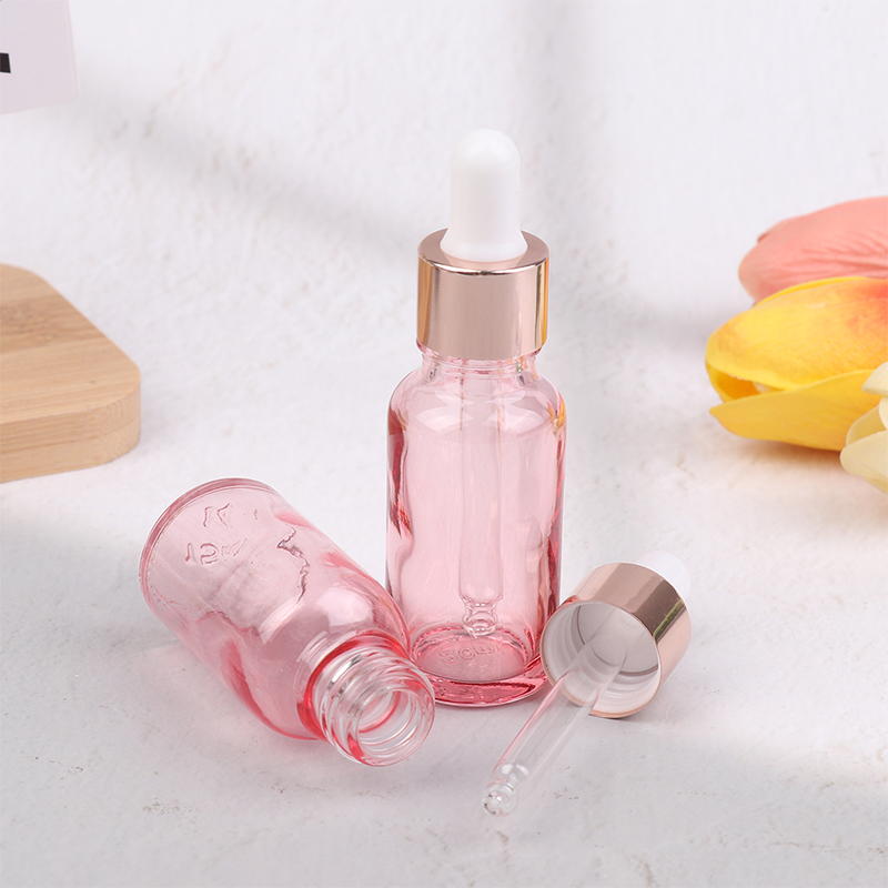 Tropfflaschen, nachfüllbar, 5–100 ml, Rosendeckel, Kosmetikbehälter, rosa Glas, Aromatherapie-Flüssigkeit für ätherische Massageöl-Pipette