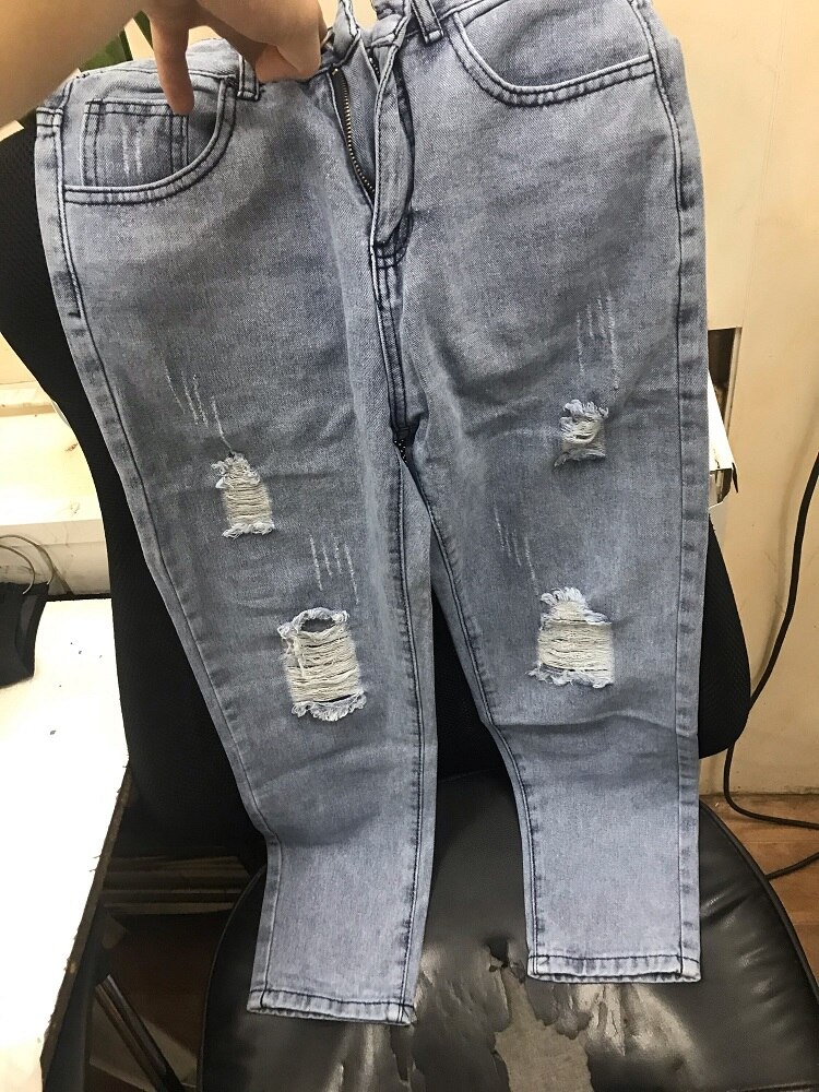 Mans jeans kläder trasiga hål byxor slitna herr solid bomull rak tub tunna vintage tvättade jeans streetwear: S