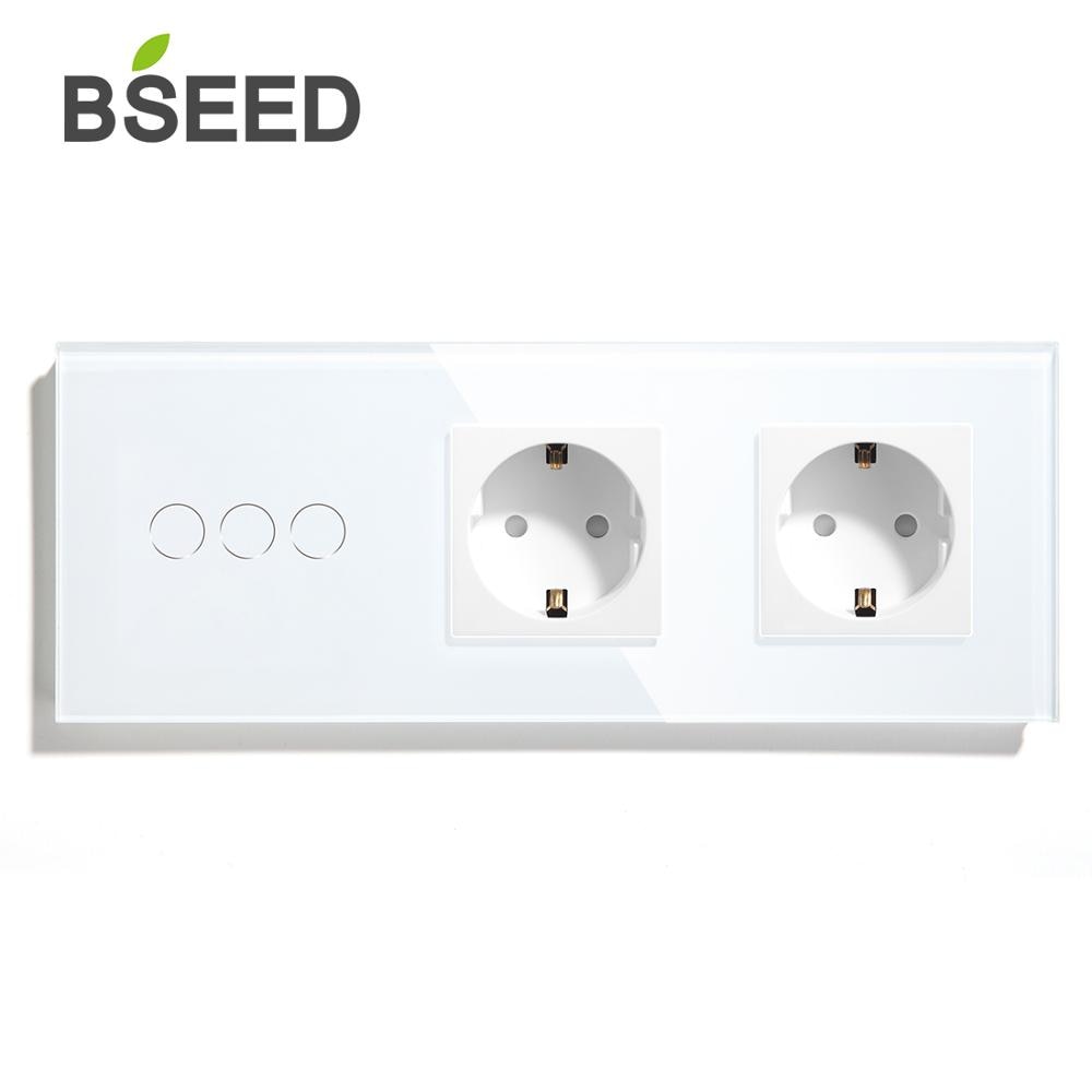 Bseed eu touch-afbryder 3 gang 1 -vejs 2- vejs vægafbryder med dobbelt eu-stik 3 farver krystalglaspanel hvid sort glod