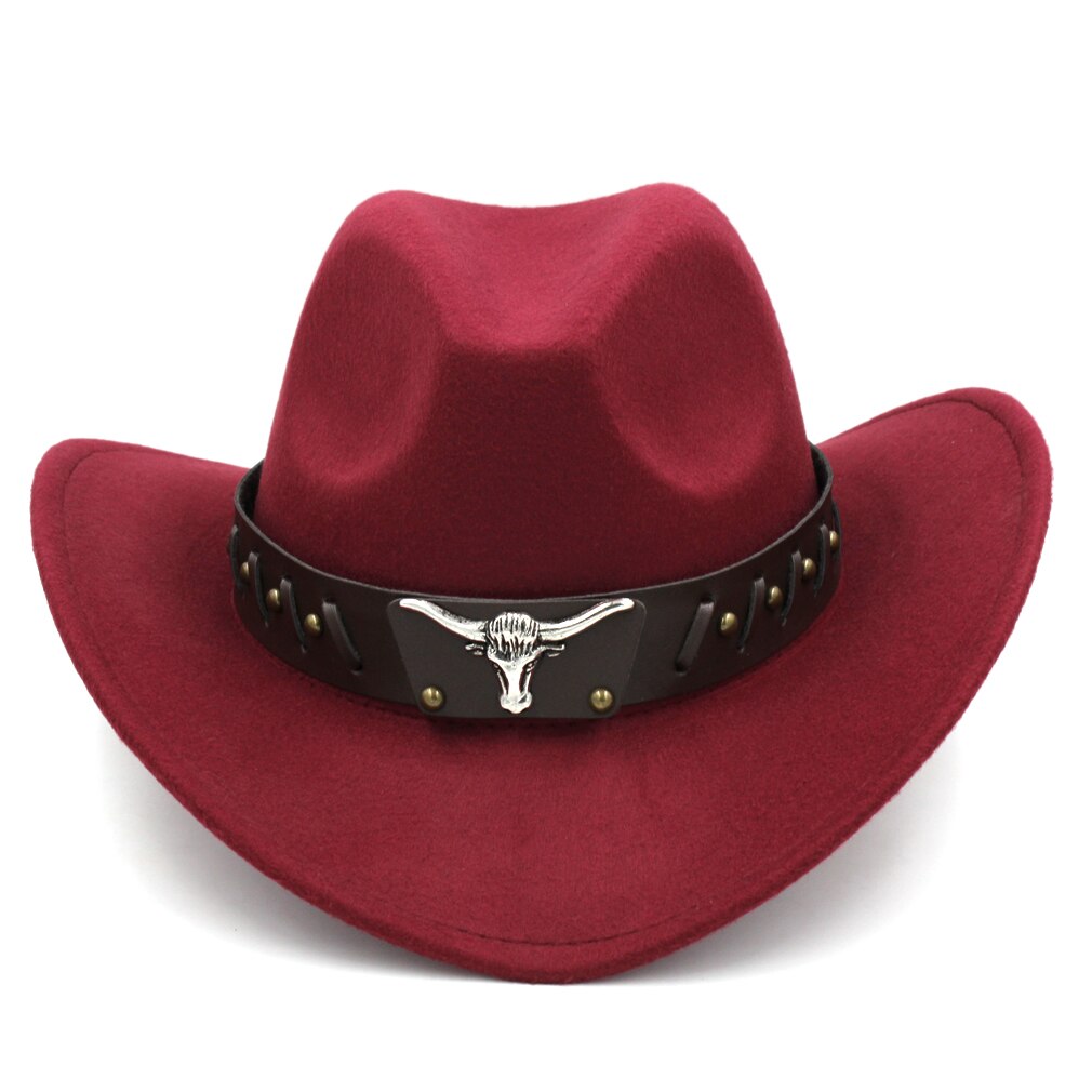 Mistdawn Womem Men Wool Blend Western Cowboy Hat Wide Brim Cowgirl Jazz Sombrero Cap Tauren Leather Band: Wine Red