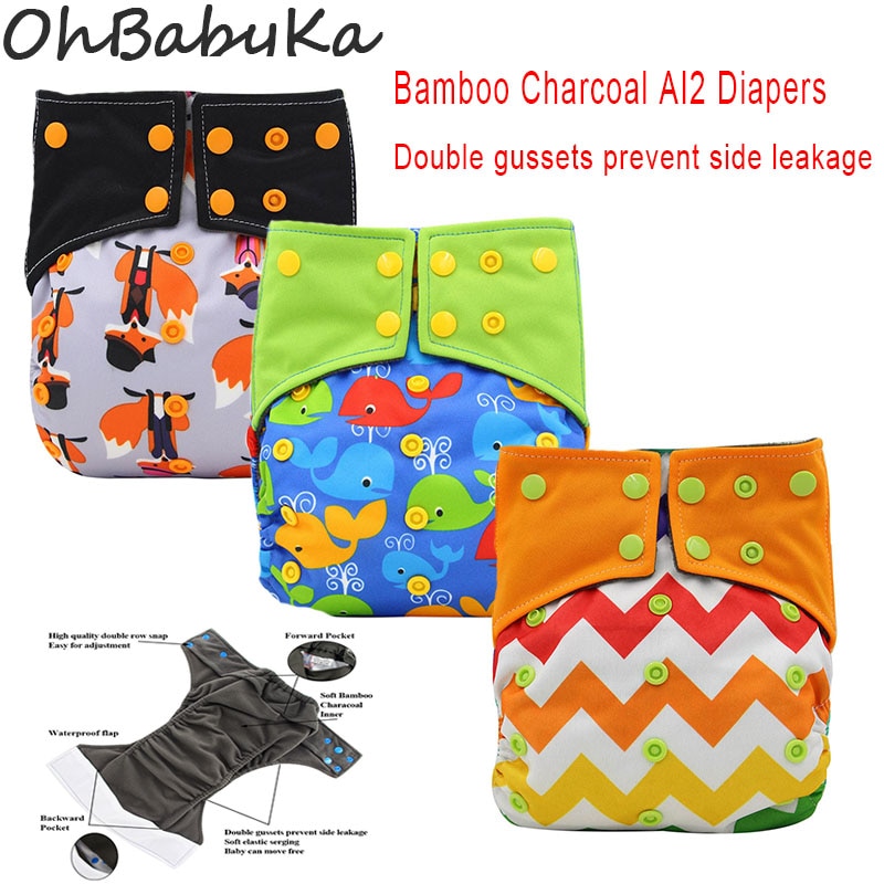 Ohbabyka-couche de bébé à Double gousset | Couche-culotte tout-en-deux AI2 en tissu de charbon de bambou, couche de poche réutilisable et
