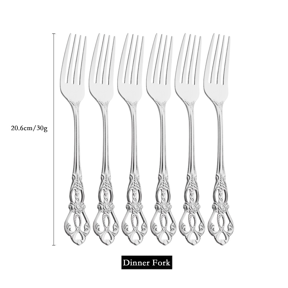 6-24pcs Luxury Wedding Silverware set Silver Dinnerware Knife Fork Tea Spoon Retro Kitchen Flatware Tableware Cutlery Rack Set: 6Pcs Dinner Fork