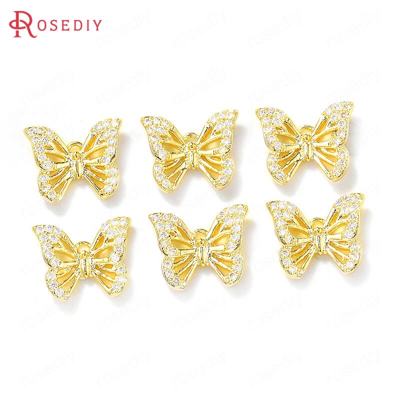 (38662)4PCS 12x10MM 24K Color Oro In Ottone e Zircone Farfalla Pendenti E Ciondoli Pendenti Con Gemme E Perle Accessori Per Monili Che Fanno Fai Da Te accessori di risultati