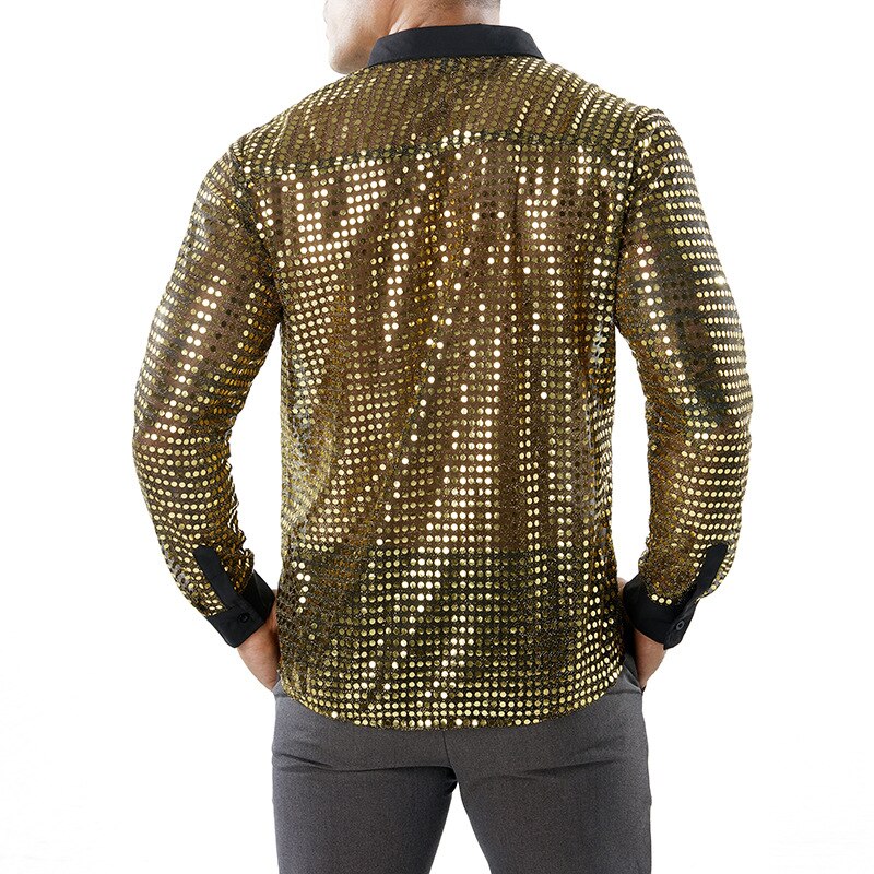 Discothèque sexy paillettes hommes chemise évider punk blouse décontractée chanteur scène costume homme or noir chemise à manches longues