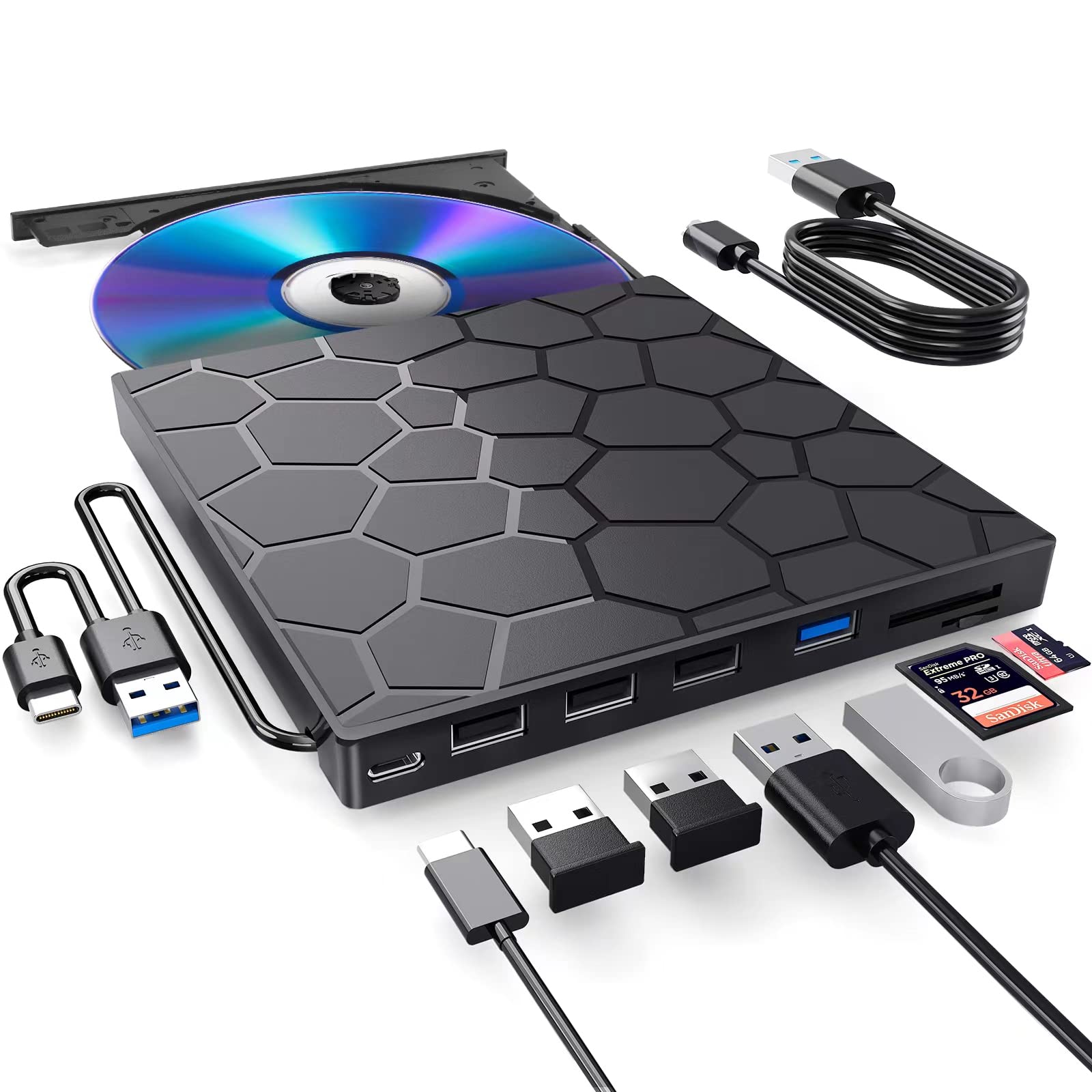 7 in 1 External CD/DVD Drive USB 3.0 Type C Portable DVD Player CD Burner External Disk Drive for Desktop Mac Windows Linux
