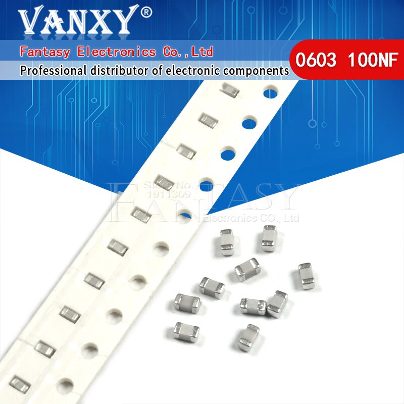 100 Uds 100NF X7R Error 10% 50V 0603 SMD 104 Chip de película gruesa condensador cerámica multicapa