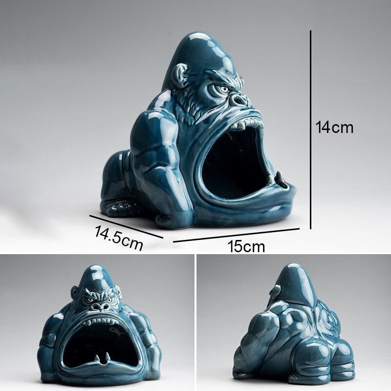 Cute Cartoon Small Animal Ashtray Gorilla Anti-Fly Ash Ceramic Household Living Room Car Ashtray: M-Blue