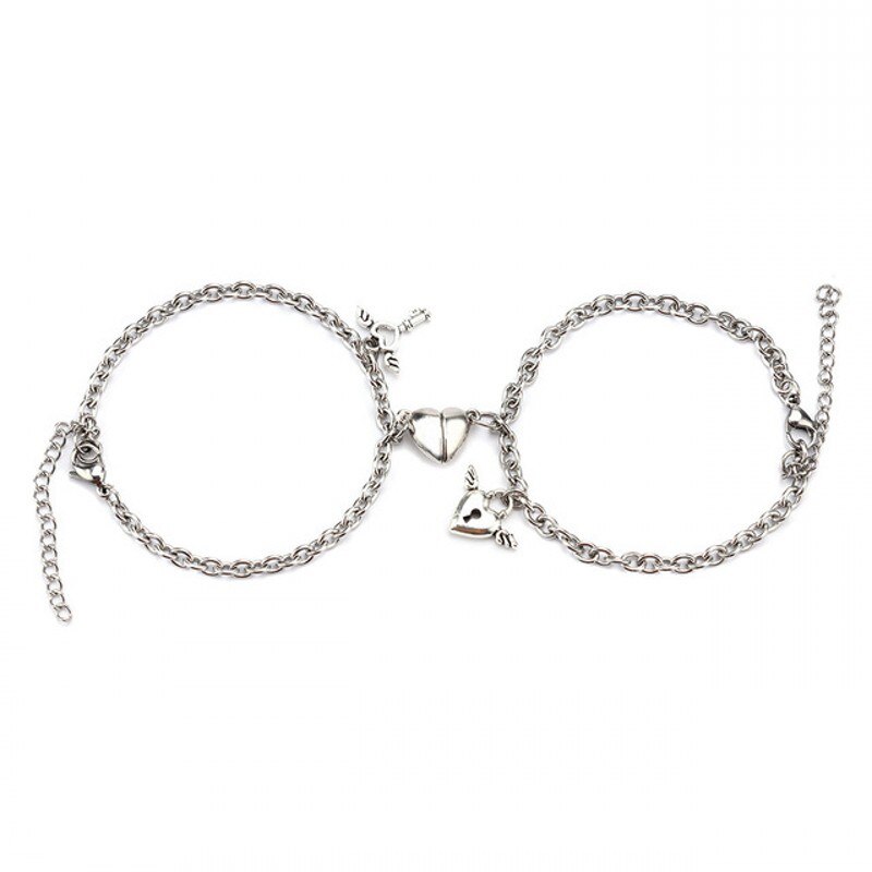 2Pcs Heart Magnet Bracelet for Lovers Stainless Steel Angel Wing Lock Couple Bracelet Heart Charm Friendship Jewelry